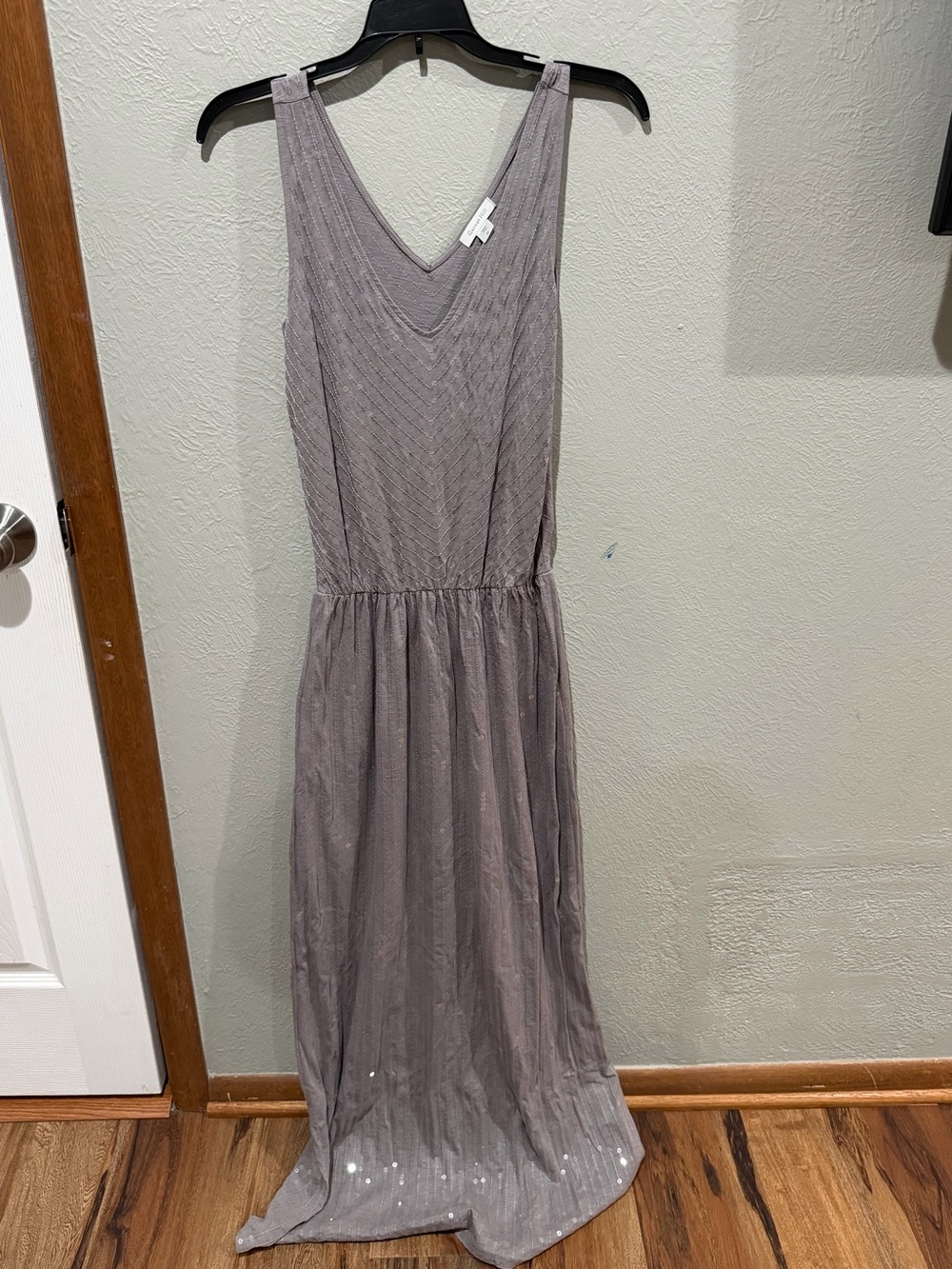 Garnett Hill Sleeveless V-Neck Maxi Dress in Dusty Taupe Clear Elegant Sequins